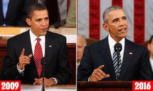 President Obama, then and now (L) President Barack Obama addresses a joint session of Congress on Tuesday, February 24, 2009, in the House of Representatives Chamber of the U.S. Capitol in Washington, DC. (Chuck Kennedy/MCT) (R) SOTU 2016